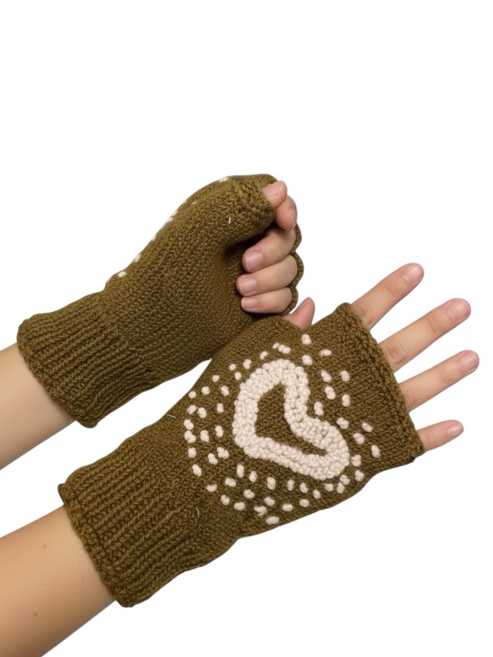 G629:  YAK & YETI NWT HEART FINGERLESS GLOVES/MITTENS OLIVE